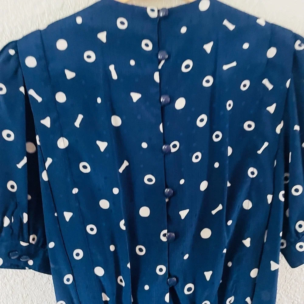 Vintage Liz Claiborne Navy Blue Button Back Abstract Print Pleated Midi Dress - Picture 5 of 16
